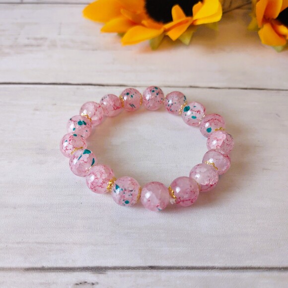 New Pink Glass w/Multicolor Specks Stretch Bracelet Crackled Beads - Picture 5 of 5